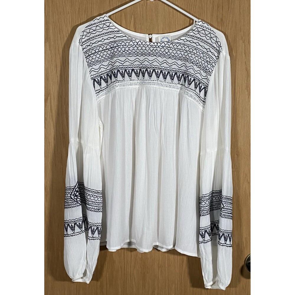 Women's XL Gauzy Boho Top Puff Sleeve Embroidered Cottage Peasant Flowy Coquette